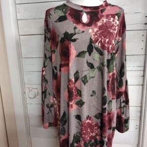 Crepas Womens 1X Gray Floral A line Flowy Dress Bell Sleeves Boho Hippie